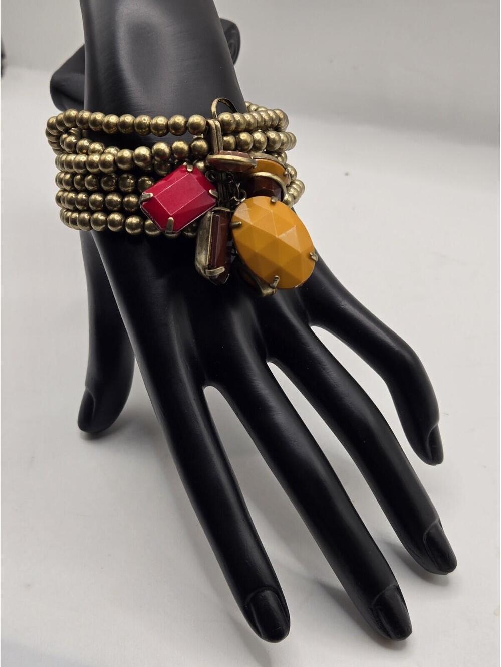 Beaded Coil Wrap Bracelet Antique Brass Gold Tone Red Orange Charms